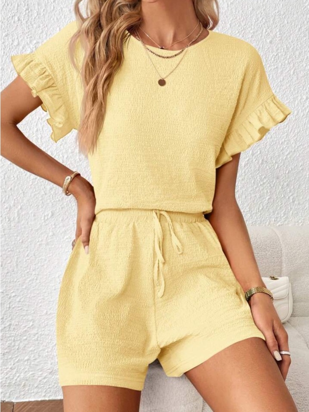Yellow Ruffle Sleeve Knit Two-Piece Set